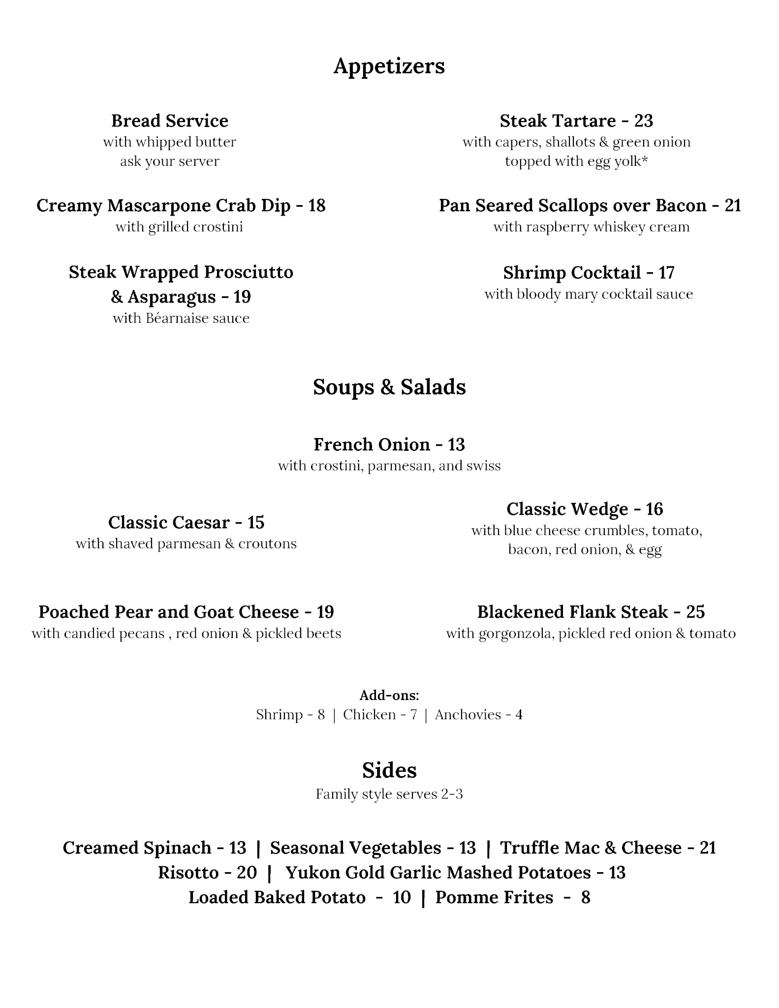 Prime 1886 Steakhouse Menu
